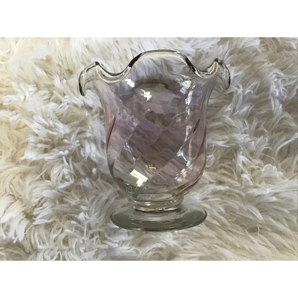 Pale Pink Optic Diamond  Glass  Posy Bud Vase Ruffled Rim Small Votive